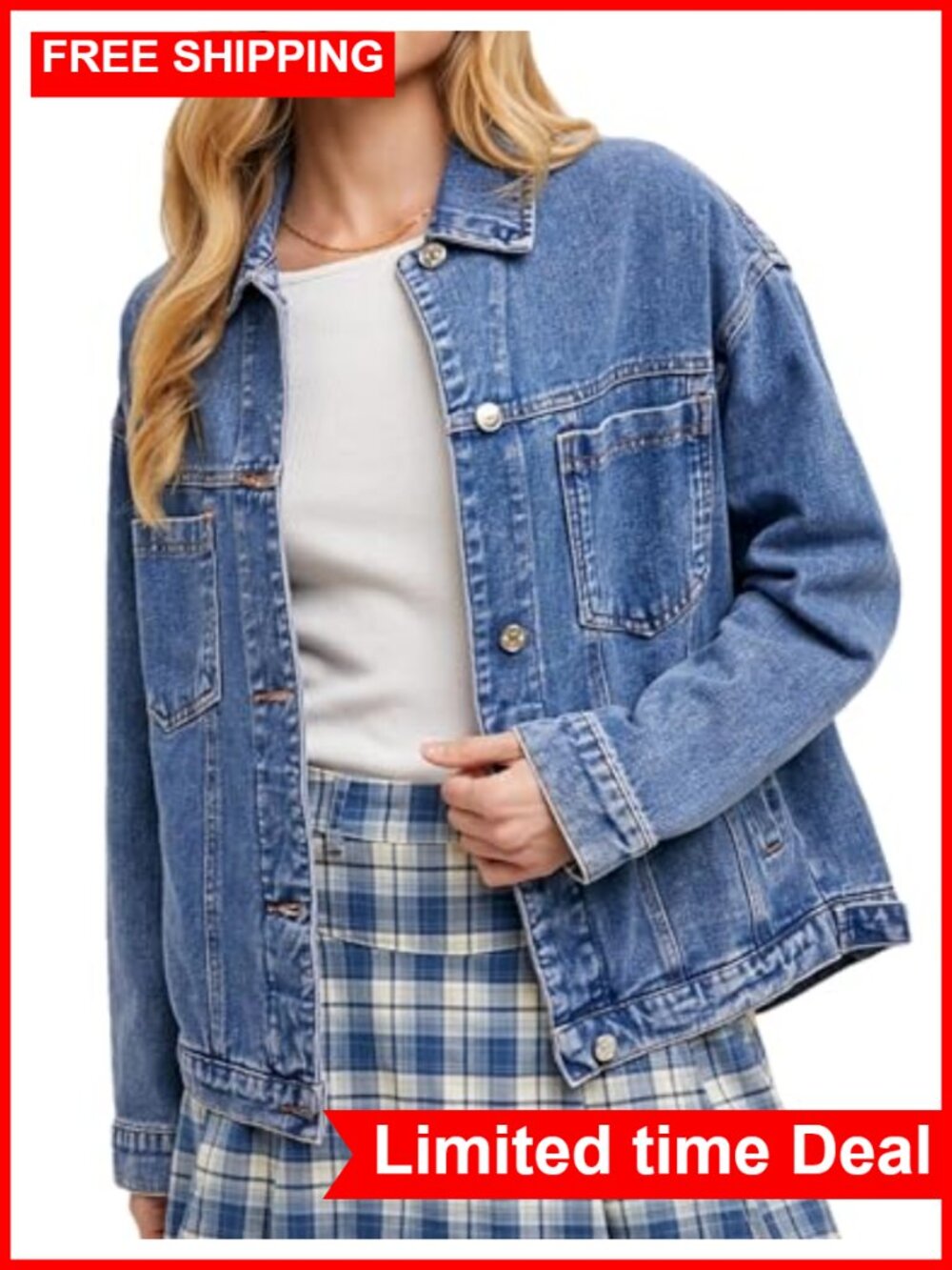 Women's Classic Denim Jacket Button Down Distressed Long Sleeve Jean Jacket